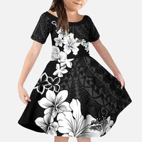 American Samoa Lotu Tamaiti Family Matching Off Shoulder Maxi Dress and Hawaiian Shirt White Sunday Plumeria Black Vibe LT9 Daughter's Dress Black - Polynesian Pride