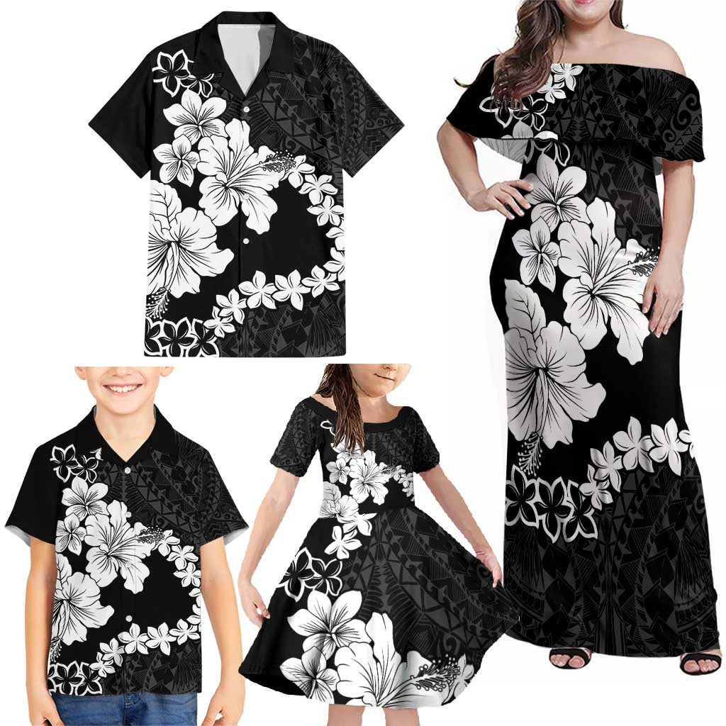 American Samoa Lotu Tamaiti Family Matching Off Shoulder Maxi Dress and Hawaiian Shirt White Sunday Plumeria Black Vibe LT9 - Polynesian Pride