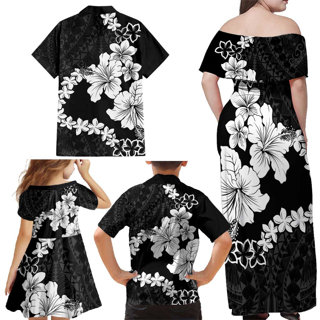 American Samoa Lotu Tamaiti Family Matching Off Shoulder Maxi Dress and Hawaiian Shirt White Sunday Plumeria Black Vibe LT9 - Polynesian Pride