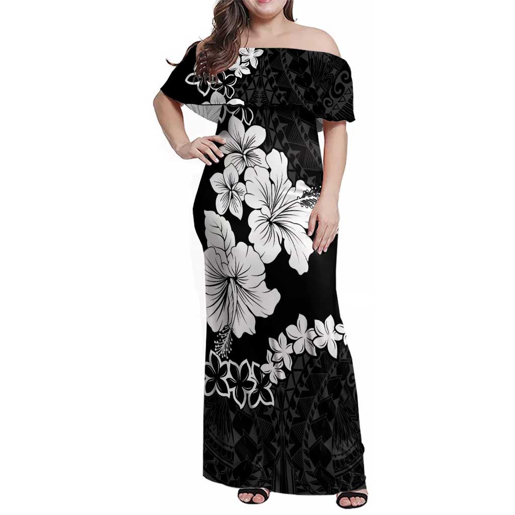American Samoa Lotu Tamaiti Family Matching Off Shoulder Maxi Dress and Hawaiian Shirt White Sunday Plumeria Black Vibe LT9 Mom's Dress Black - Polynesian Pride