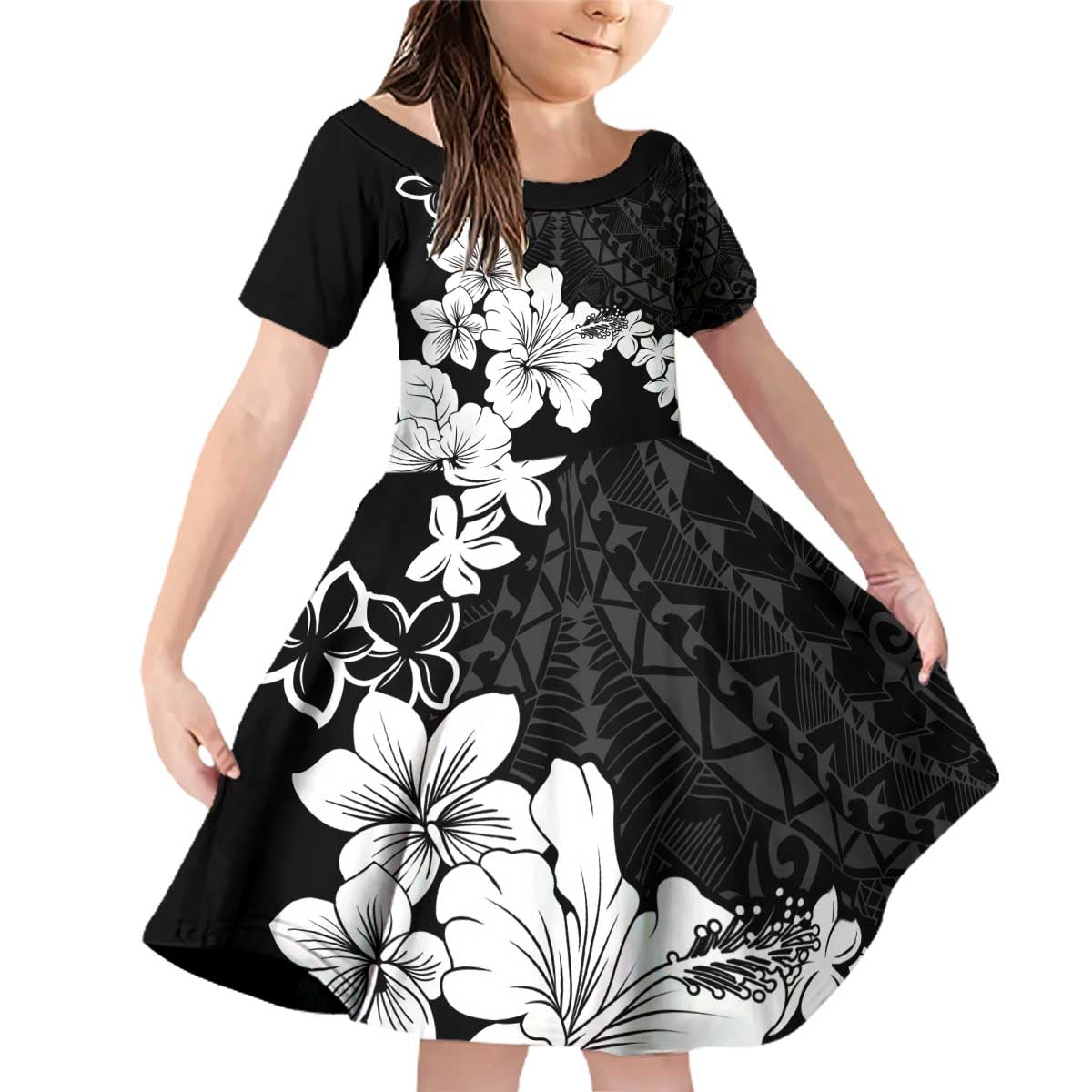 American Samoa Lotu Tamaiti Family Matching Off Shoulder Short Dress and Hawaiian Shirt White Sunday Plumeria Black Vibe LT9 Daughter's Dress Black - Polynesian Pride