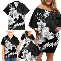 American Samoa Lotu Tamaiti Family Matching Off Shoulder Short Dress and Hawaiian Shirt White Sunday Plumeria Black Vibe LT9 - Polynesian Pride