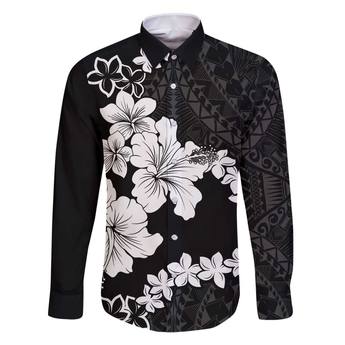 American Samoa Lotu Tamaiti Family Matching Off Shoulder Short Dress and Hawaiian Shirt White Sunday Plumeria Black Vibe LT9 Dad's Shirt - Long Sleeve Black - Polynesian Pride