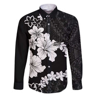 American Samoa Lotu Tamaiti Family Matching Off Shoulder Short Dress and Hawaiian Shirt White Sunday Plumeria Black Vibe LT9 Dad's Shirt - Long Sleeve Black - Polynesian Pride