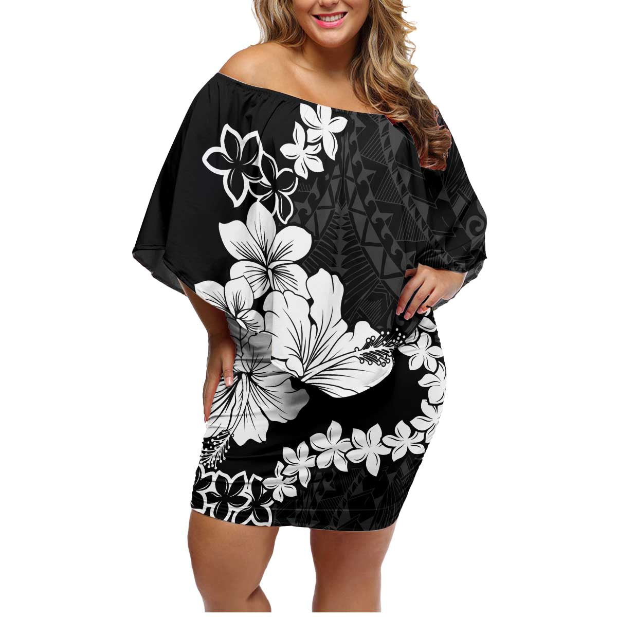 American Samoa Lotu Tamaiti Family Matching Off Shoulder Short Dress and Hawaiian Shirt White Sunday Plumeria Black Vibe LT9 Mom's Dress Black - Polynesian Pride