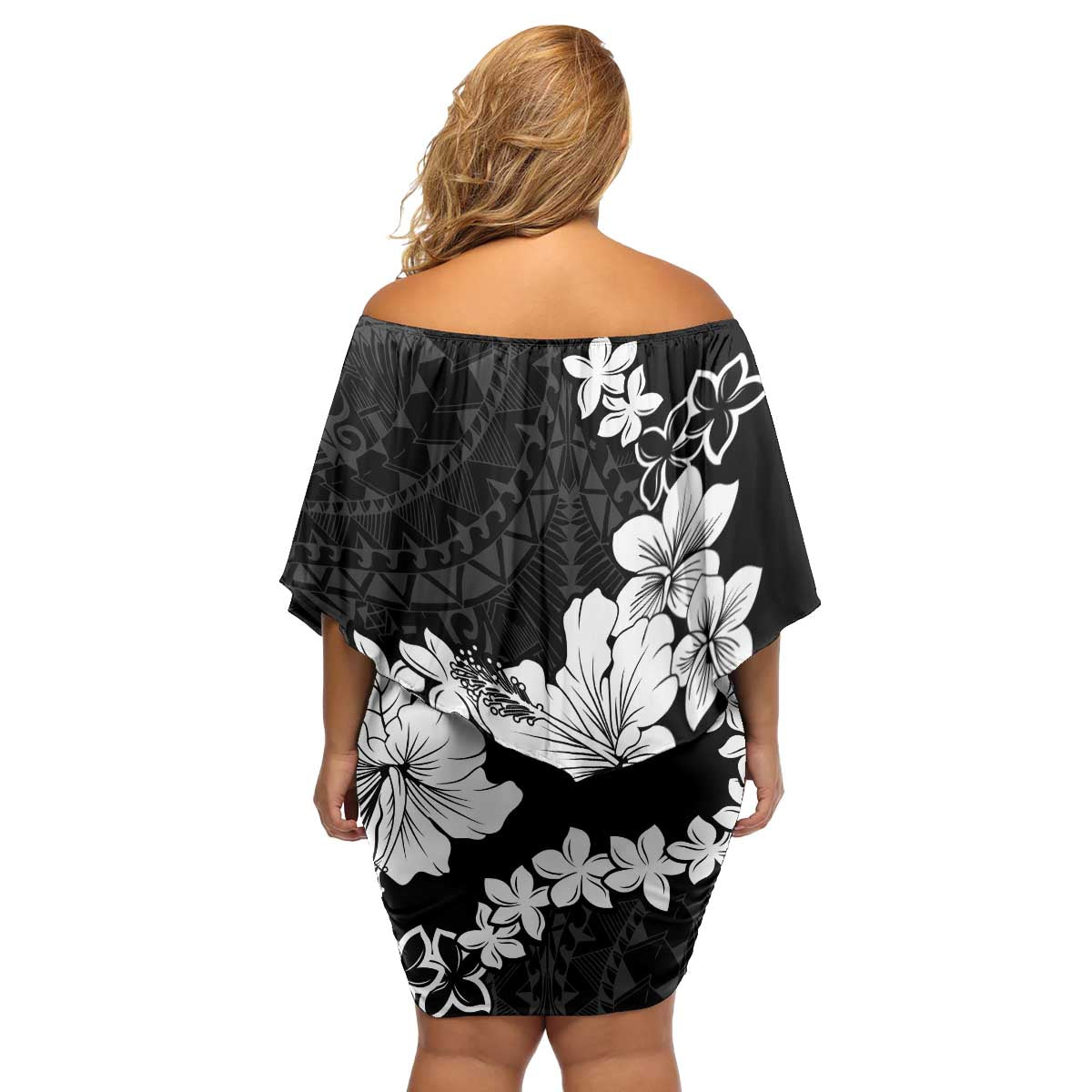 American Samoa Lotu Tamaiti Family Matching Off Shoulder Short Dress and Hawaiian Shirt White Sunday Plumeria Black Vibe LT9 - Polynesian Pride