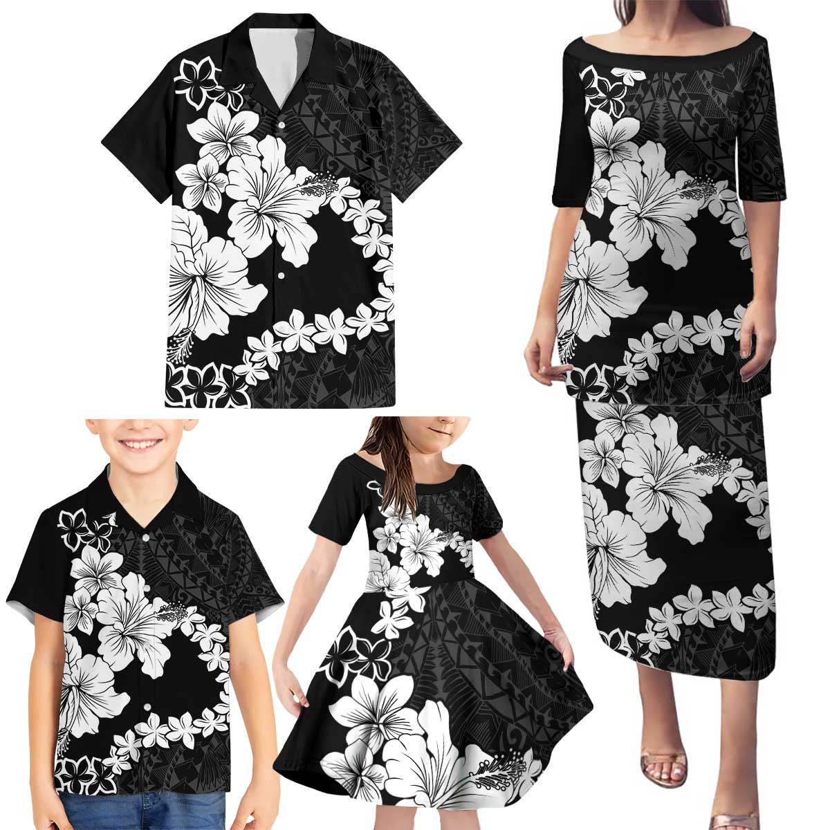 American Samoa Lotu Tamaiti Family Matching Puletasi and Hawaiian Shirt White Sunday Plumeria Black Vibe LT9 - Polynesian Pride