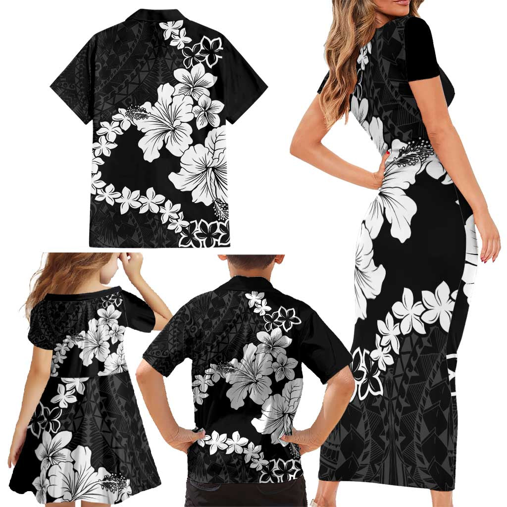 American Samoa Lotu Tamaiti Family Matching Short Sleeve Bodycon Dress and Hawaiian Shirt White Sunday Plumeria Black Vibe LT9 - Polynesian Pride