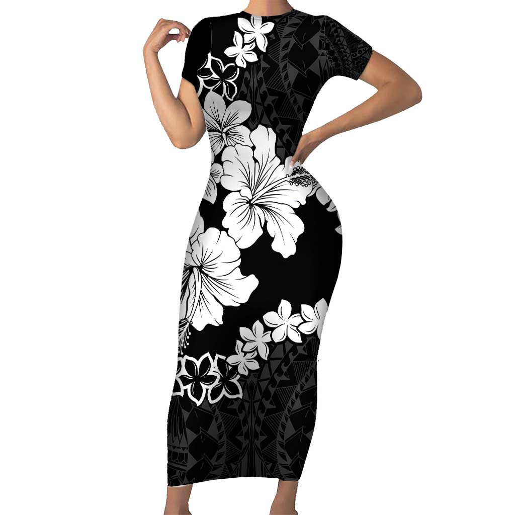 American Samoa Lotu Tamaiti Family Matching Short Sleeve Bodycon Dress and Hawaiian Shirt White Sunday Plumeria Black Vibe LT9 Mom's Dress Black - Polynesian Pride
