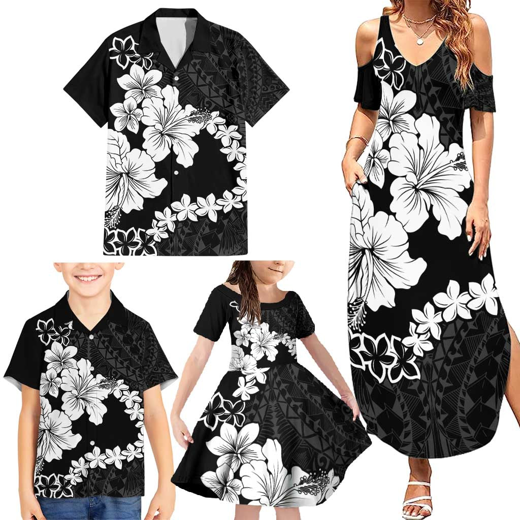 American Samoa Lotu Tamaiti Family Matching Summer Maxi Dress and Hawaiian Shirt White Sunday Plumeria Black Vibe LT9 - Polynesian Pride