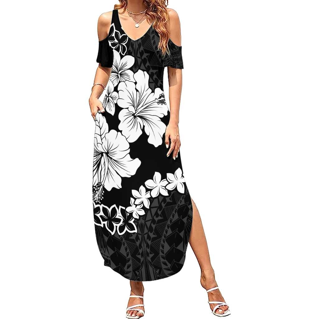 American Samoa Lotu Tamaiti Family Matching Summer Maxi Dress and Hawaiian Shirt White Sunday Plumeria Black Vibe LT9 Mom's Dress Black - Polynesian Pride