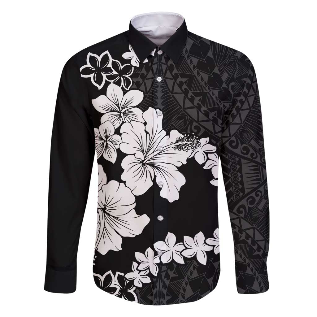 American Samoa Lotu Tamaiti Family Matching Tank Maxi Dress and Hawaiian Shirt White Sunday Plumeria Black Vibe LT9 Dad's Shirt - Long Sleeve Black - Polynesian Pride