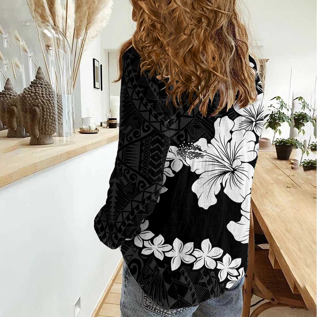 American Samoa Lotu Tamaiti Women Casual Shirt White Sunday Plumeria Black Vibe LT9 - Polynesian Pride