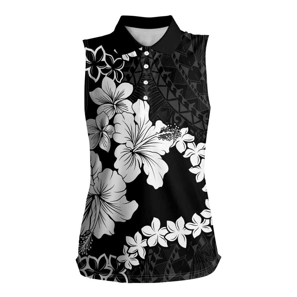 American Samoa Lotu Tamaiti Women Sleeveless Polo Shirt White Sunday Plumeria Black Vibe LT9 Female Black - Polynesian Pride