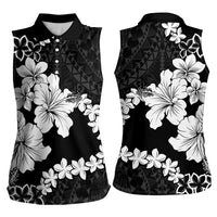 American Samoa Lotu Tamaiti Women Sleeveless Polo Shirt White Sunday Plumeria Black Vibe LT9 - Polynesian Pride