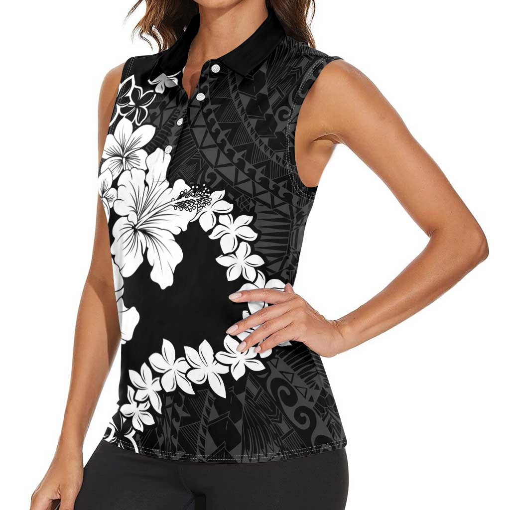 American Samoa Lotu Tamaiti Women Sleeveless Polo Shirt White Sunday Plumeria Black Vibe LT9 - Polynesian Pride