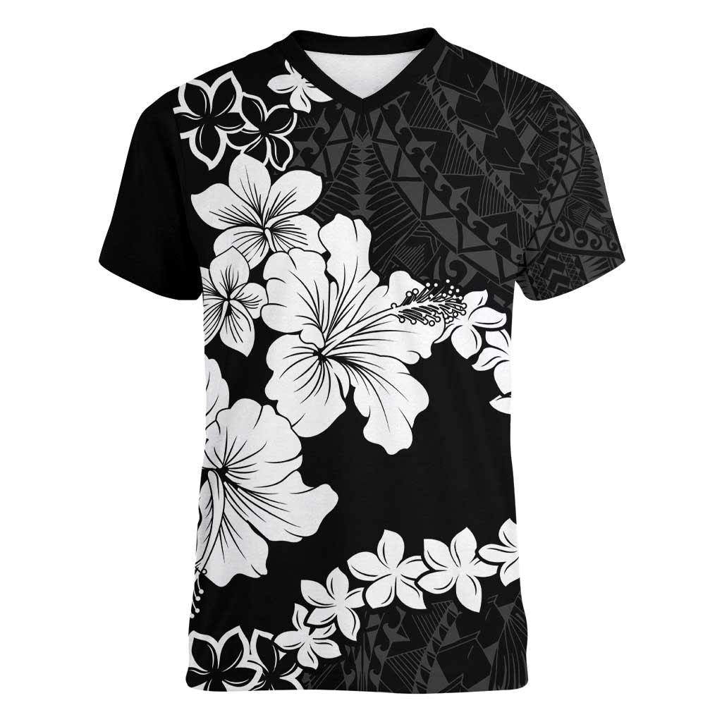 American Samoa Lotu Tamaiti Women V-Neck T-Shirt White Sunday Plumeria Black Vibe LT9 Female Black - Polynesian Pride