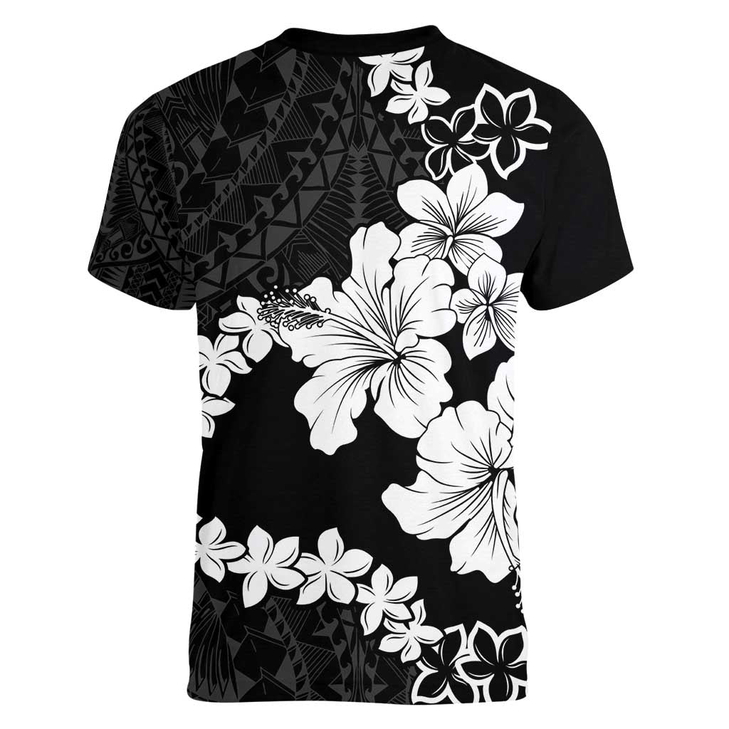 American Samoa Lotu Tamaiti Women V-Neck T-Shirt White Sunday Plumeria Black Vibe LT9 - Polynesian Pride