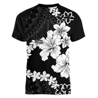 American Samoa Lotu Tamaiti Women V-Neck T-Shirt White Sunday Plumeria Black Vibe LT9 - Polynesian Pride