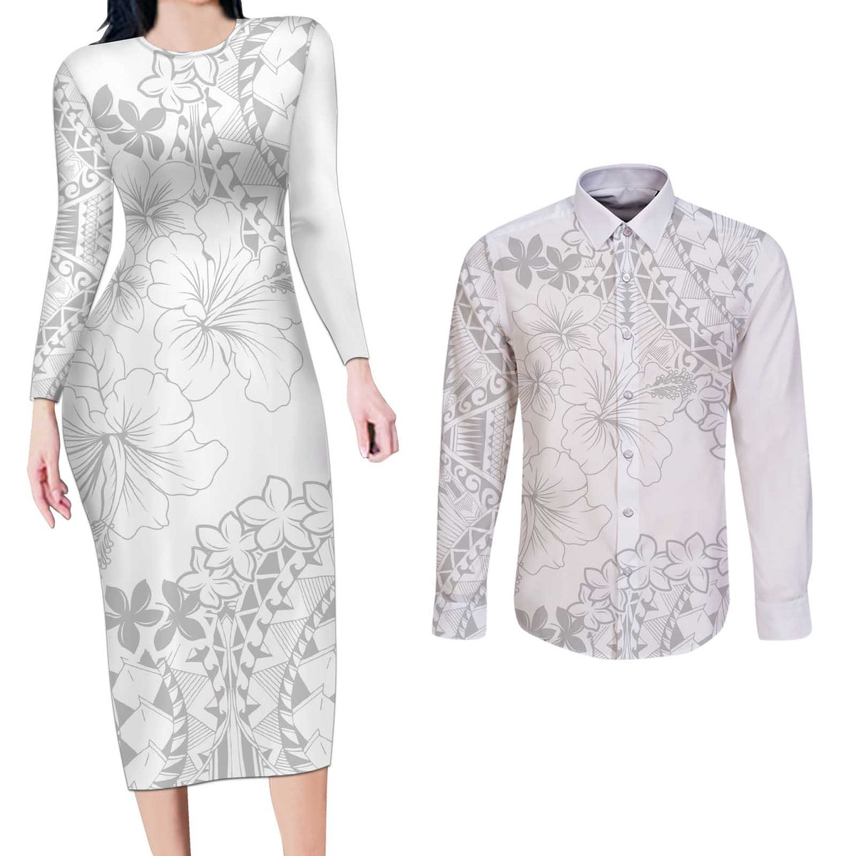 American Samoa Lotu Tamaiti Couples Matching Long Sleeve Bodycon Dress and Long Sleeve Button Shirt White Sunday Plumeria White Vibe LT9 White - Polynesian Pride
