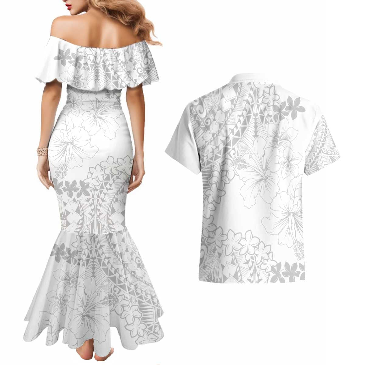 American Samoa Lotu Tamaiti Couples Matching Mermaid Dress and Hawaiian Shirt White Sunday Plumeria White Vibe LT9 - Polynesian Pride
