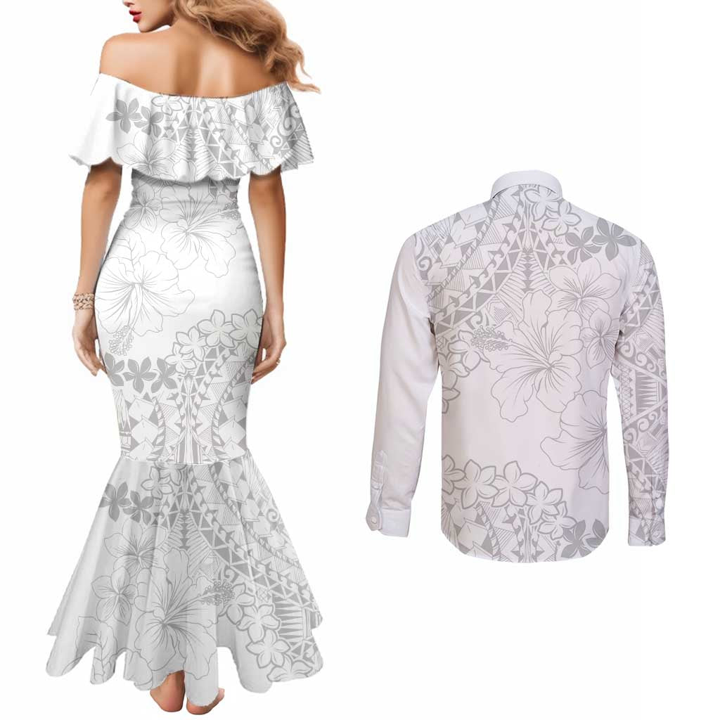 American Samoa Lotu Tamaiti Couples Matching Mermaid Dress and Long Sleeve Button Shirt White Sunday Plumeria White Vibe LT9 - Polynesian Pride