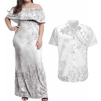 American Samoa Lotu Tamaiti Couples Matching Off Shoulder Maxi Dress and Hawaiian Shirt White Sunday Plumeria White Vibe LT9 White - Polynesian Pride