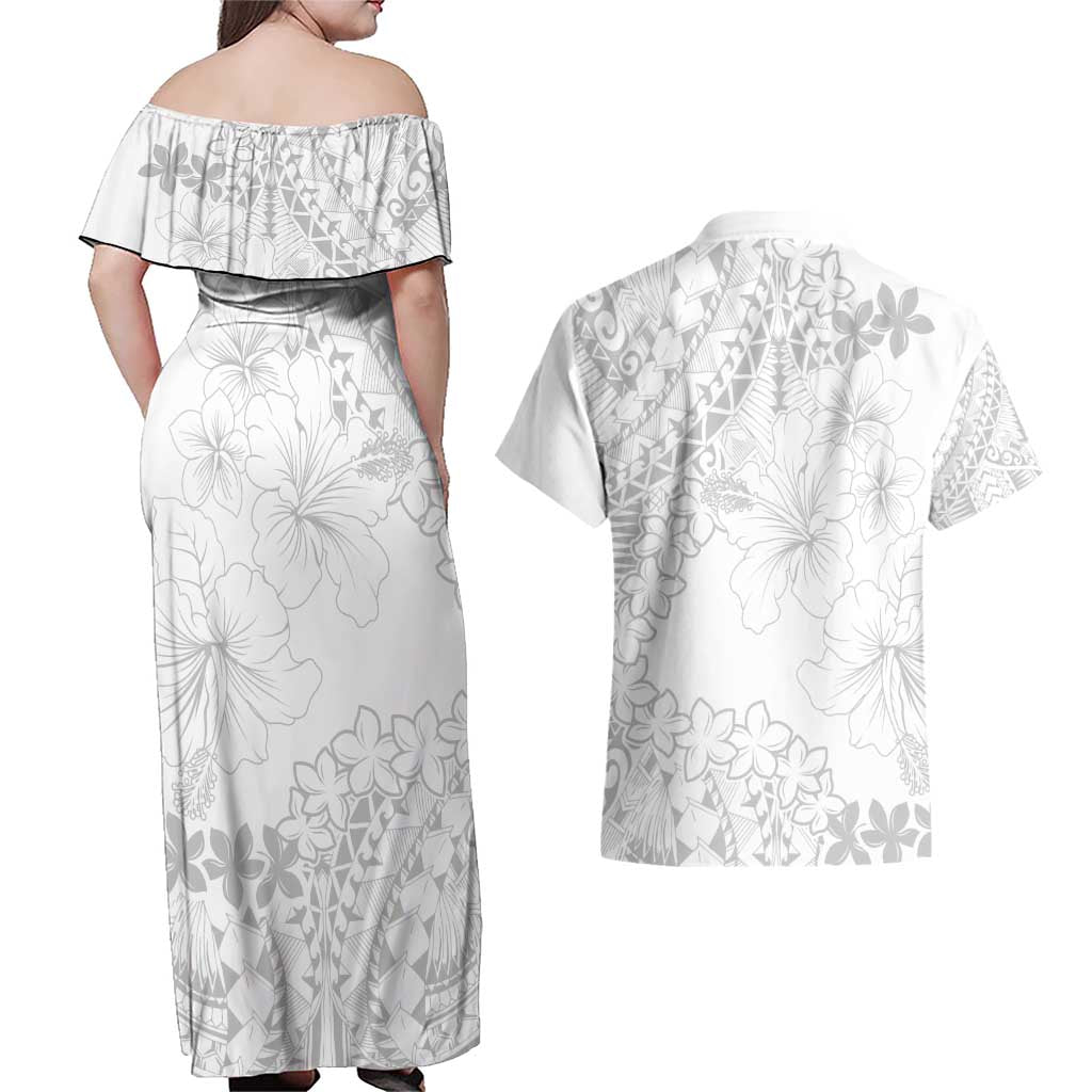 American Samoa Lotu Tamaiti Couples Matching Off Shoulder Maxi Dress and Hawaiian Shirt White Sunday Plumeria White Vibe LT9 - Polynesian Pride