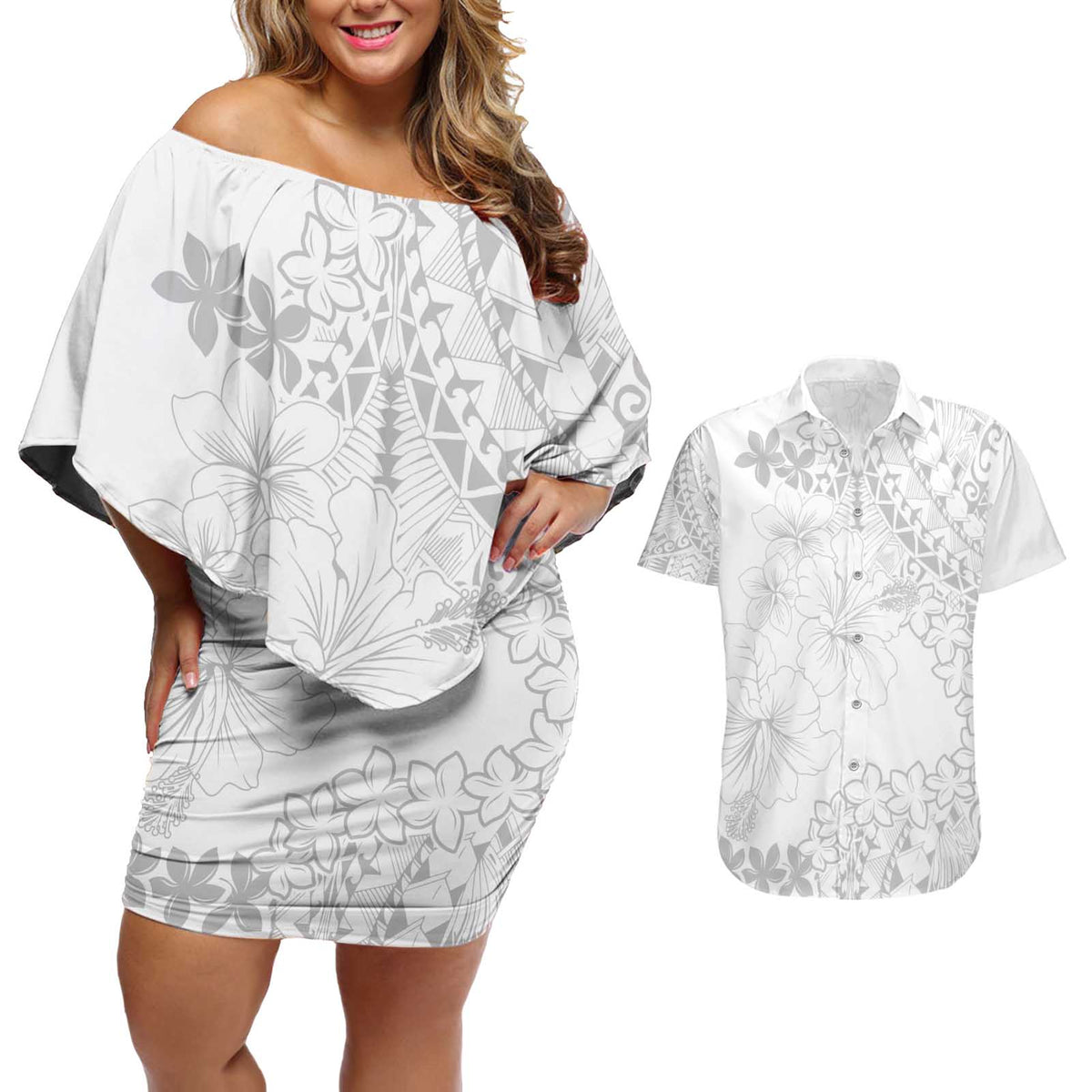 American Samoa Lotu Tamaiti Couples Matching Off Shoulder Short Dress and Hawaiian Shirt White Sunday Plumeria White Vibe LT9 White - Polynesian Pride