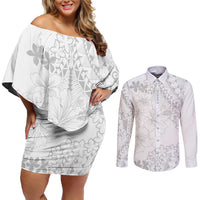 American Samoa Lotu Tamaiti Couples Matching Off Shoulder Short Dress and Long Sleeve Button Shirt White Sunday Plumeria White Vibe LT9 White - Polynesian Pride