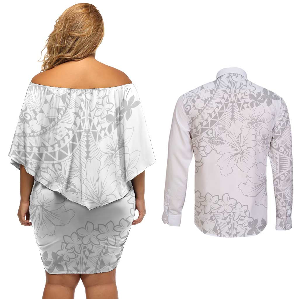 American Samoa Lotu Tamaiti Couples Matching Off Shoulder Short Dress and Long Sleeve Button Shirt White Sunday Plumeria White Vibe LT9 - Polynesian Pride