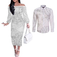 American Samoa Lotu Tamaiti Couples Matching Off The Shoulder Long Sleeve Dress and Long Sleeve Button Shirt White Sunday Plumeria White Vibe LT9 White - Polynesian Pride