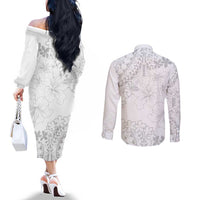 American Samoa Lotu Tamaiti Couples Matching Off The Shoulder Long Sleeve Dress and Long Sleeve Button Shirt White Sunday Plumeria White Vibe LT9 - Polynesian Pride
