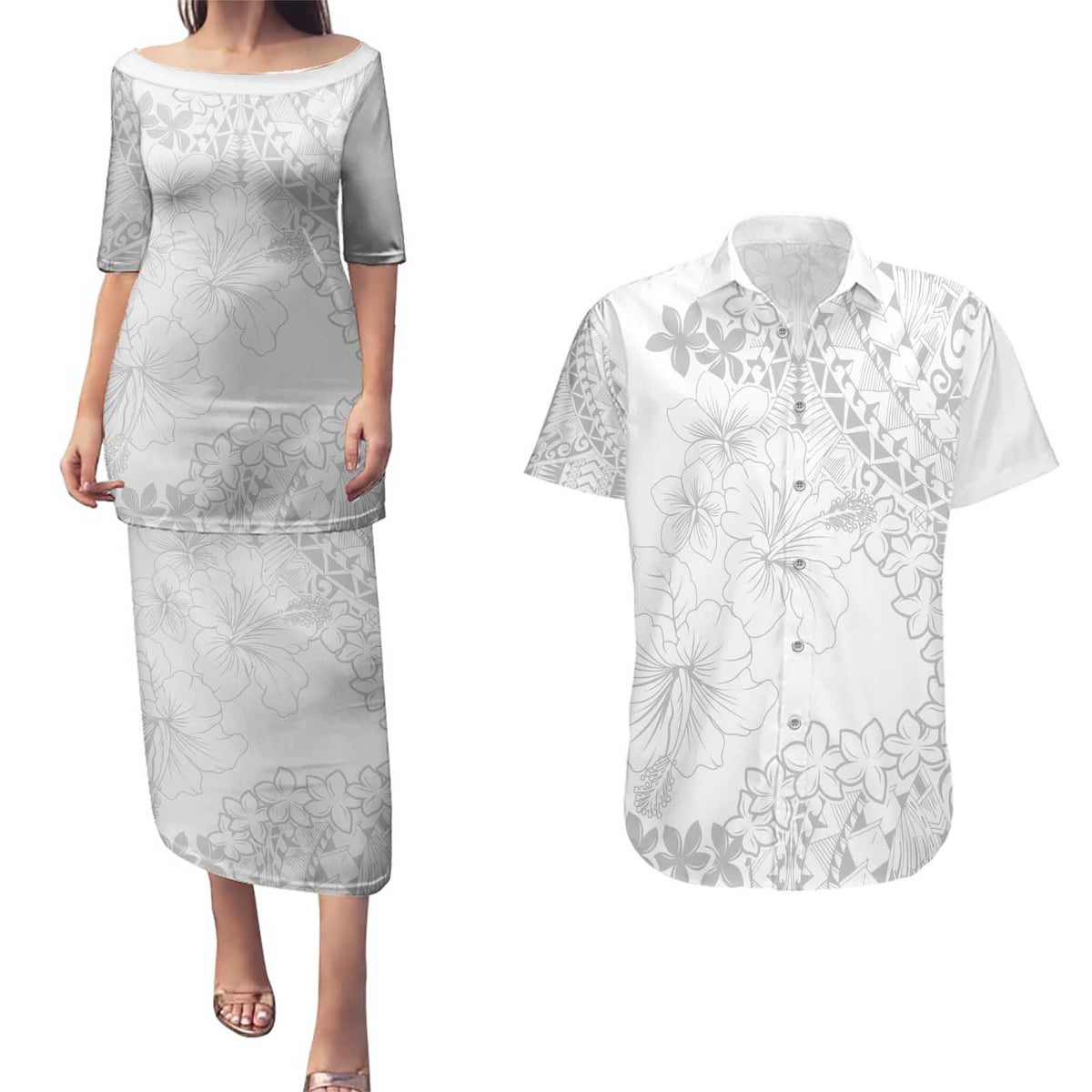 American Samoa Lotu Tamaiti Couples Matching Puletasi and Hawaiian Shirt White Sunday Plumeria White Vibe LT9 White - Polynesian Pride