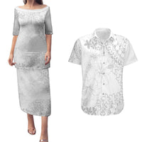 American Samoa Lotu Tamaiti Couples Matching Puletasi and Hawaiian Shirt White Sunday Plumeria White Vibe LT9 White - Polynesian Pride