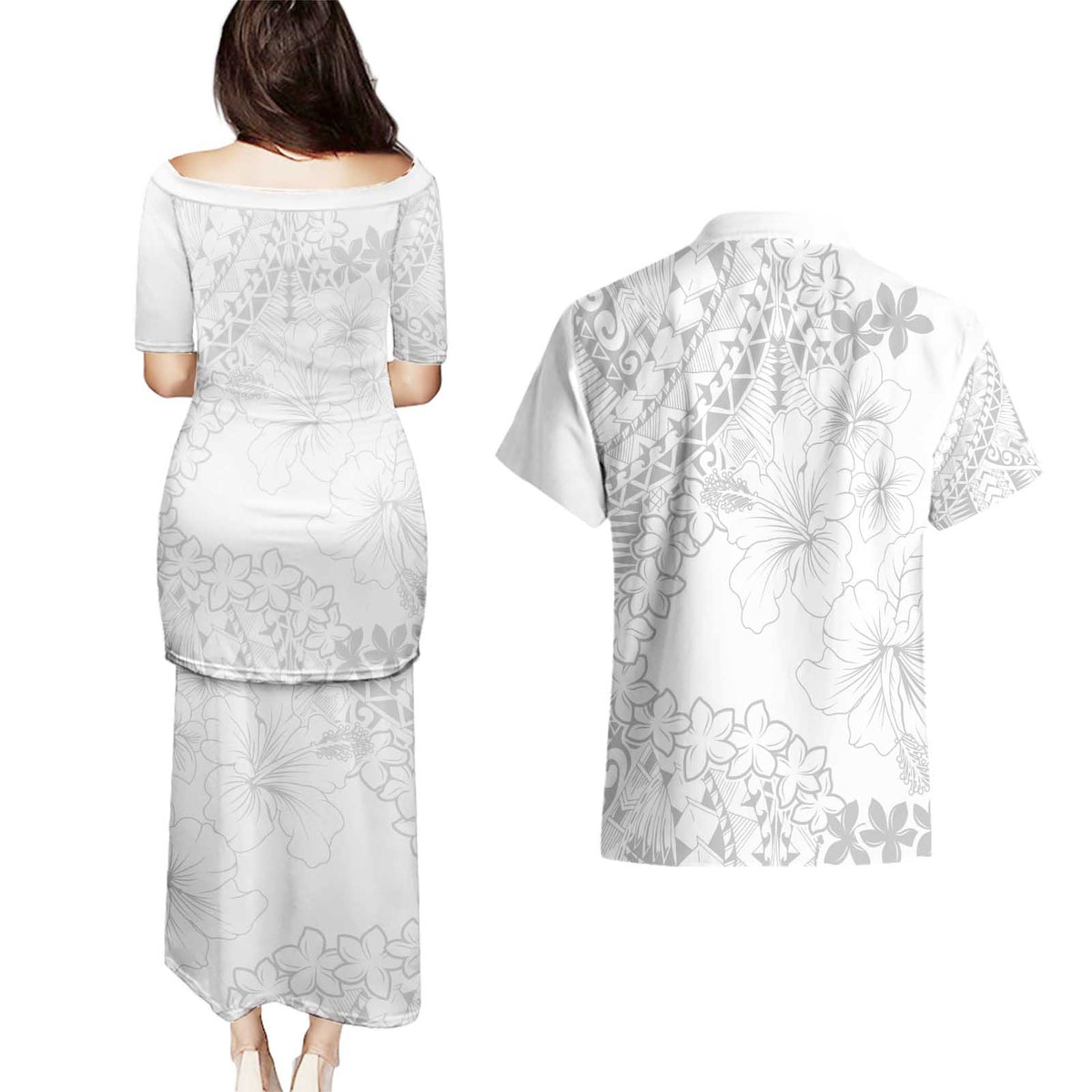 American Samoa Lotu Tamaiti Couples Matching Puletasi and Hawaiian Shirt White Sunday Plumeria White Vibe LT9 - Polynesian Pride