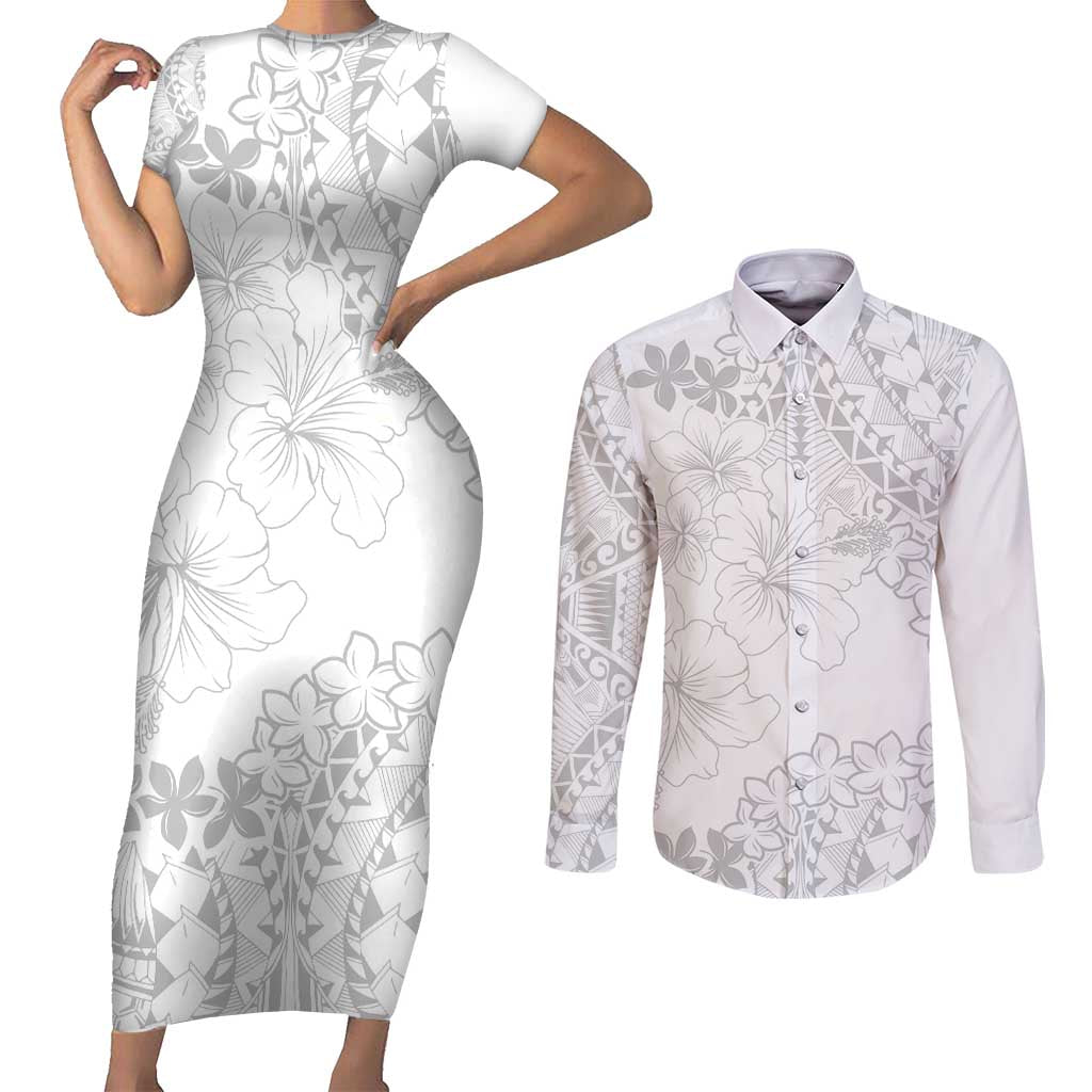 American Samoa Lotu Tamaiti Couples Matching Short Sleeve Bodycon Dress and Long Sleeve Button Shirt White Sunday Plumeria White Vibe LT9 White - Polynesian Pride
