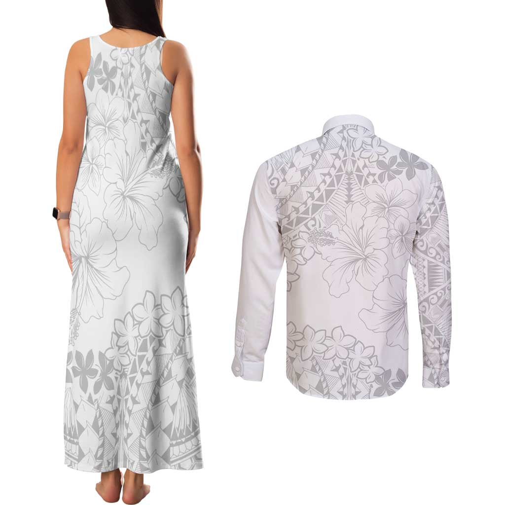 American Samoa Lotu Tamaiti Couples Matching Tank Maxi Dress and Long Sleeve Button Shirt White Sunday Plumeria White Vibe LT9 - Polynesian Pride