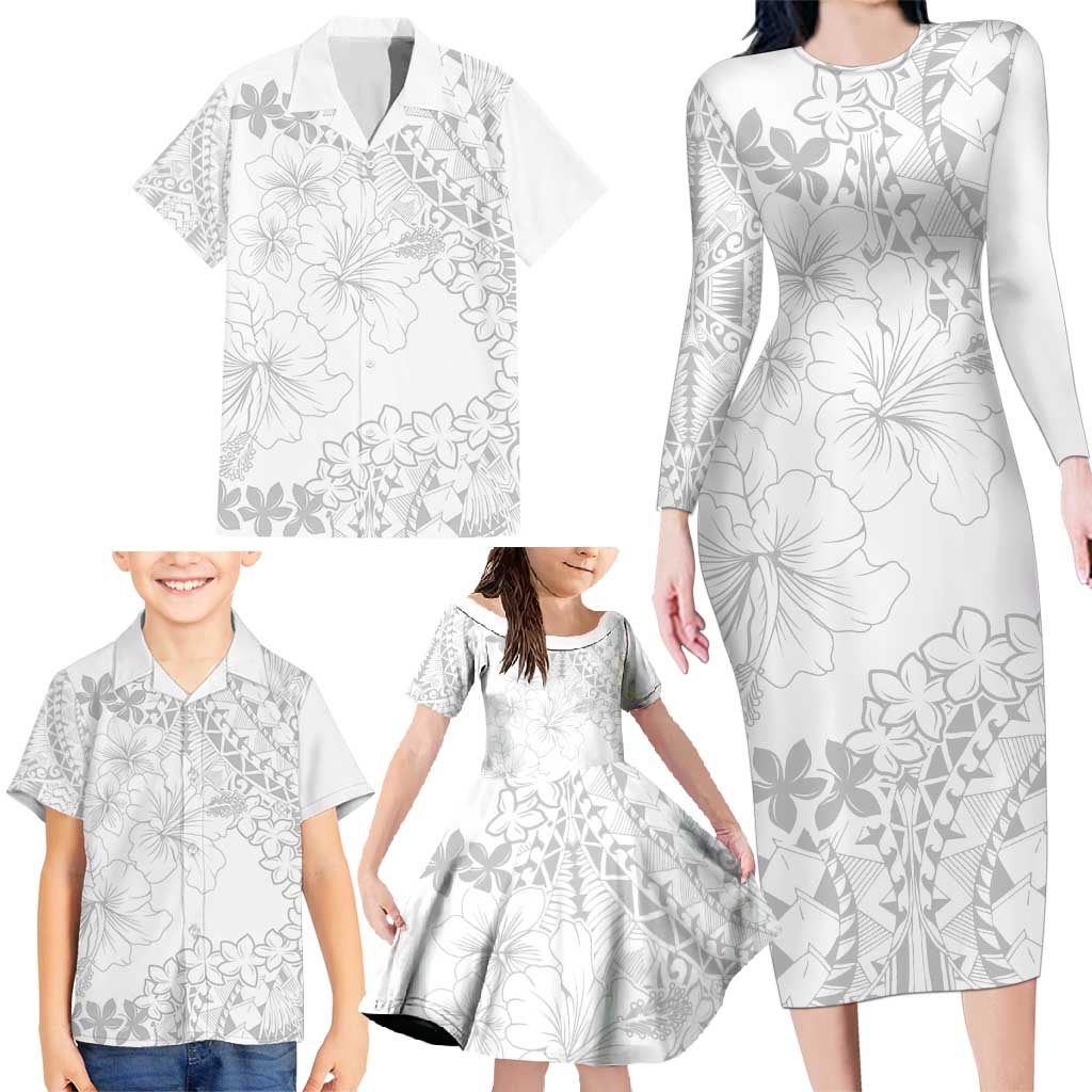 American Samoa Lotu Tamaiti Family Matching Long Sleeve Bodycon Dress and Hawaiian Shirt White Sunday Plumeria White Vibe LT9 - Polynesian Pride