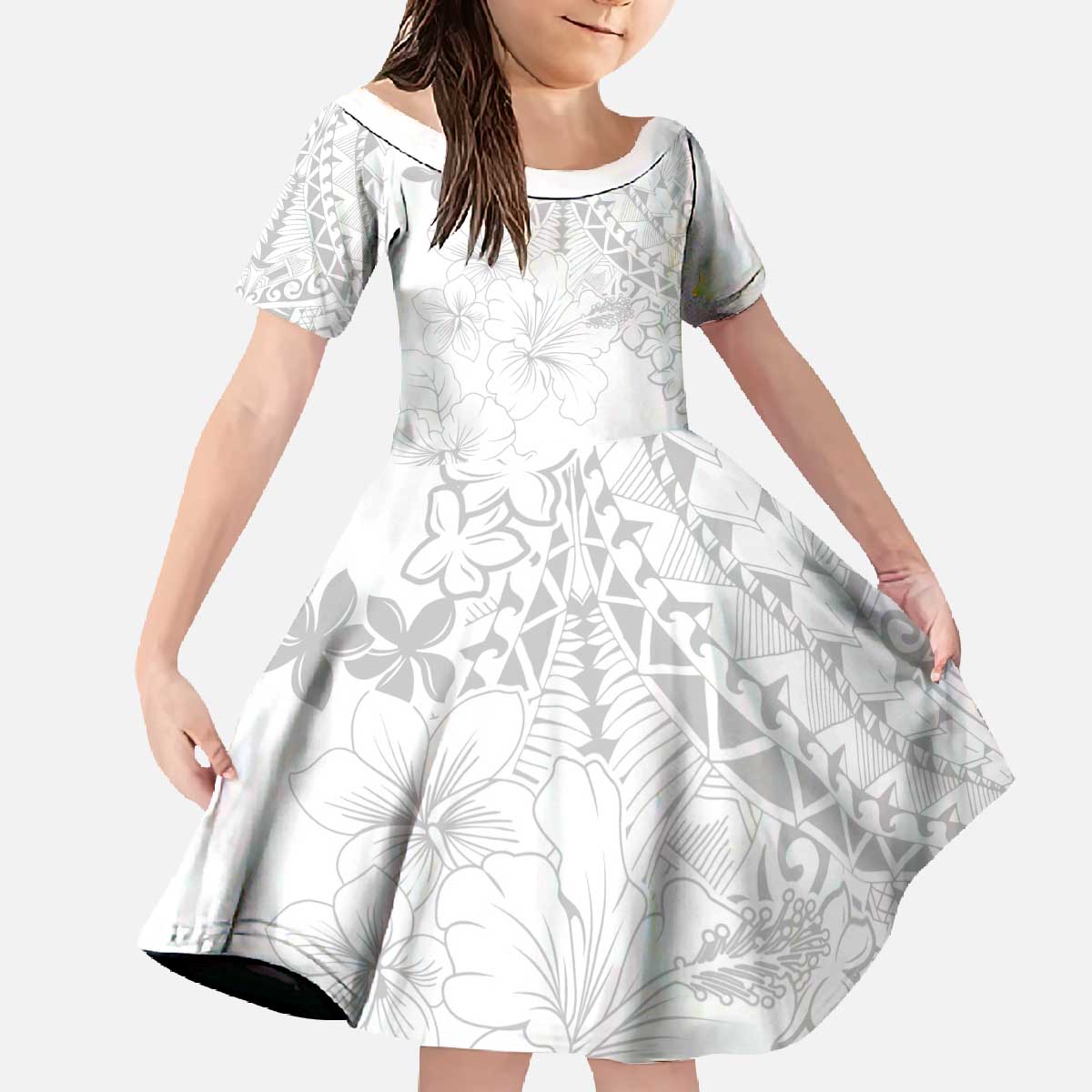 American Samoa Lotu Tamaiti Family Matching Off The Shoulder Long Sleeve Dress and Hawaiian Shirt White Sunday Plumeria White Vibe LT9 Daughter's Dress White - Polynesian Pride