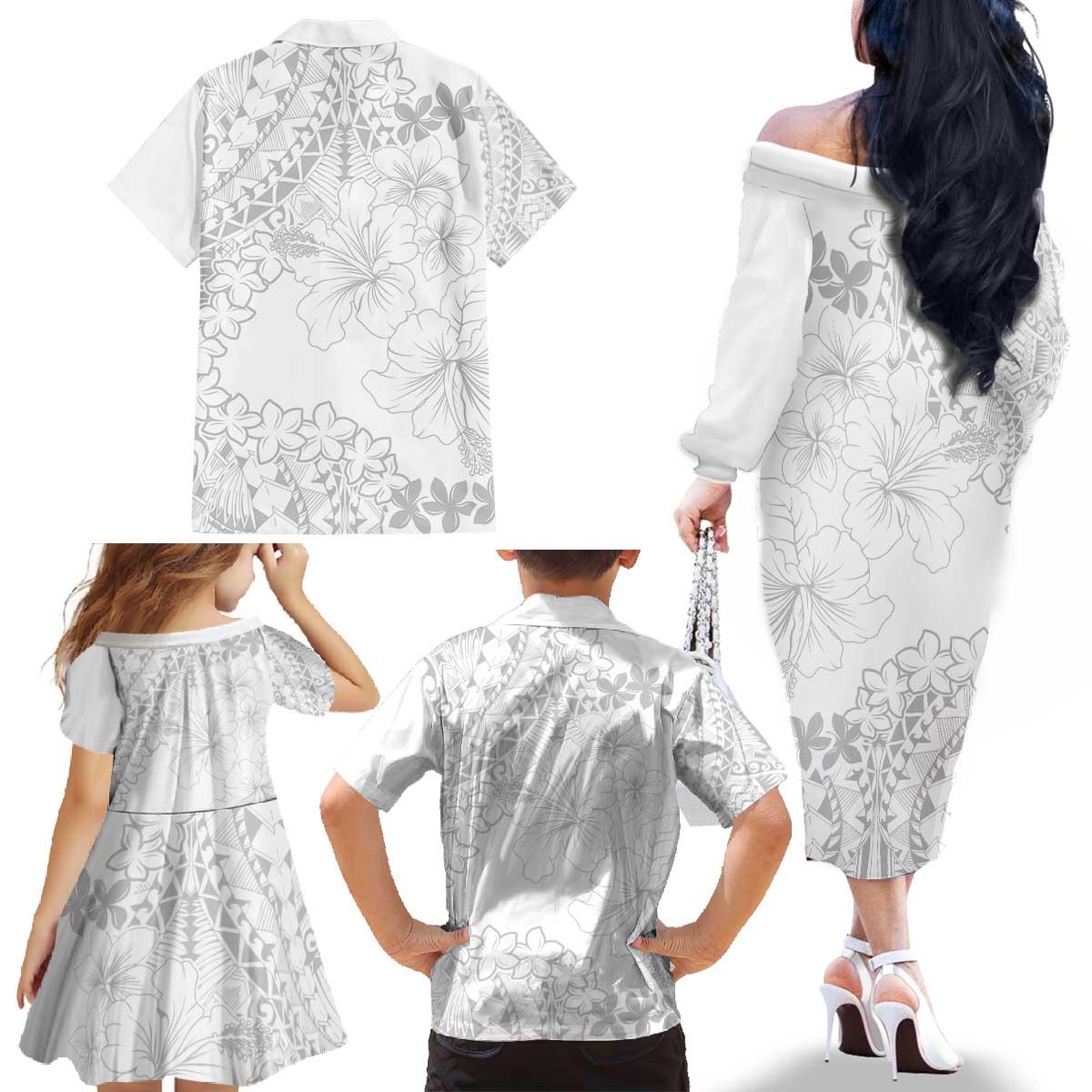 American Samoa Lotu Tamaiti Family Matching Off The Shoulder Long Sleeve Dress and Hawaiian Shirt White Sunday Plumeria White Vibe LT9 - Polynesian Pride