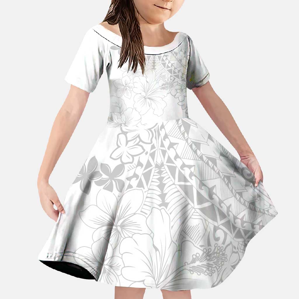 American Samoa Lotu Tamaiti Family Matching Off Shoulder Maxi Dress and Hawaiian Shirt White Sunday Plumeria White Vibe LT9 Daughter's Dress White - Polynesian Pride