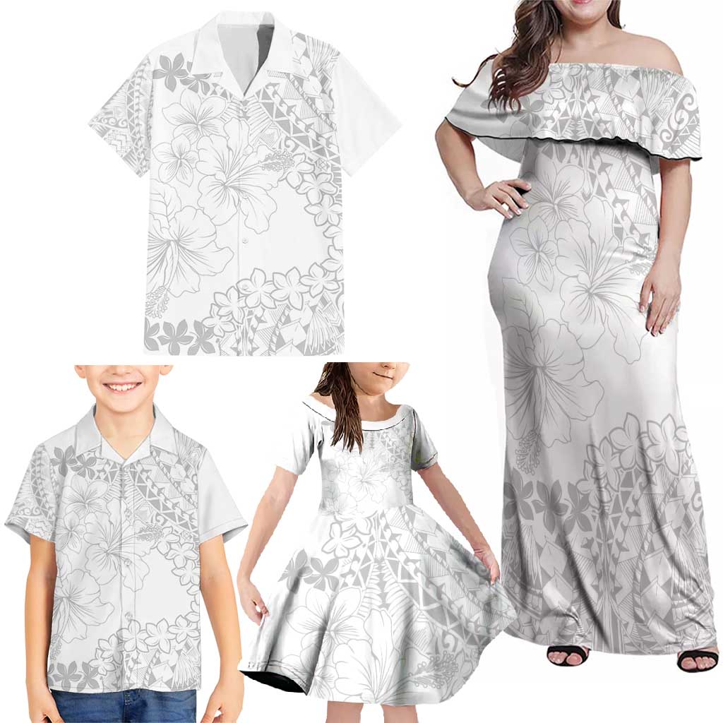 American Samoa Lotu Tamaiti Family Matching Off Shoulder Maxi Dress and Hawaiian Shirt White Sunday Plumeria White Vibe LT9 - Polynesian Pride