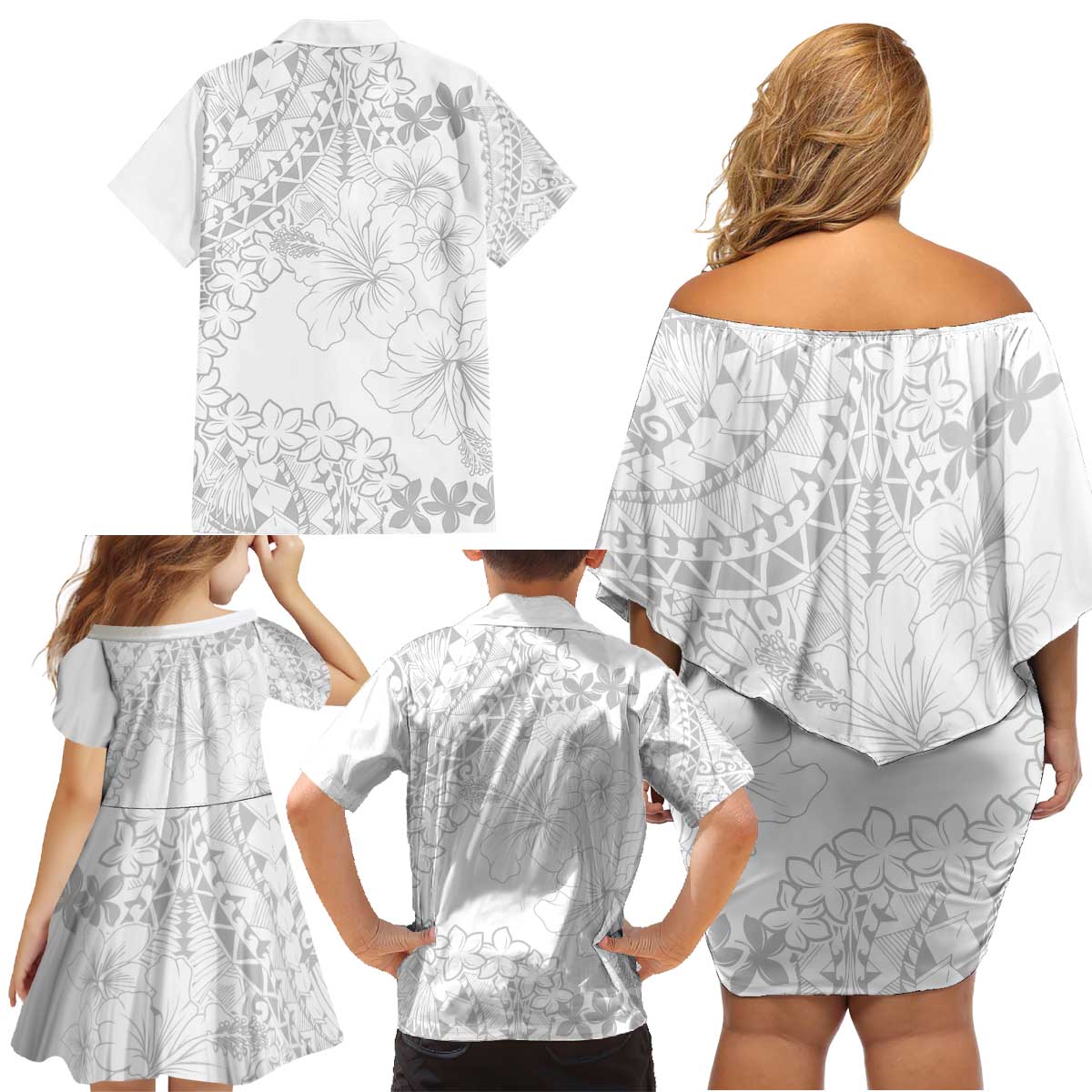 American Samoa Lotu Tamaiti Family Matching Off Shoulder Short Dress and Hawaiian Shirt White Sunday Plumeria White Vibe LT9 - Polynesian Pride