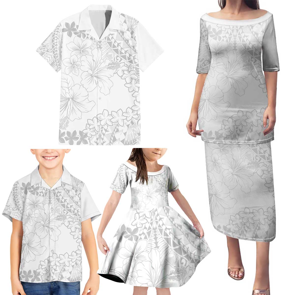 American Samoa Lotu Tamaiti Family Matching Puletasi and Hawaiian Shirt White Sunday Plumeria White Vibe LT9 - Polynesian Pride