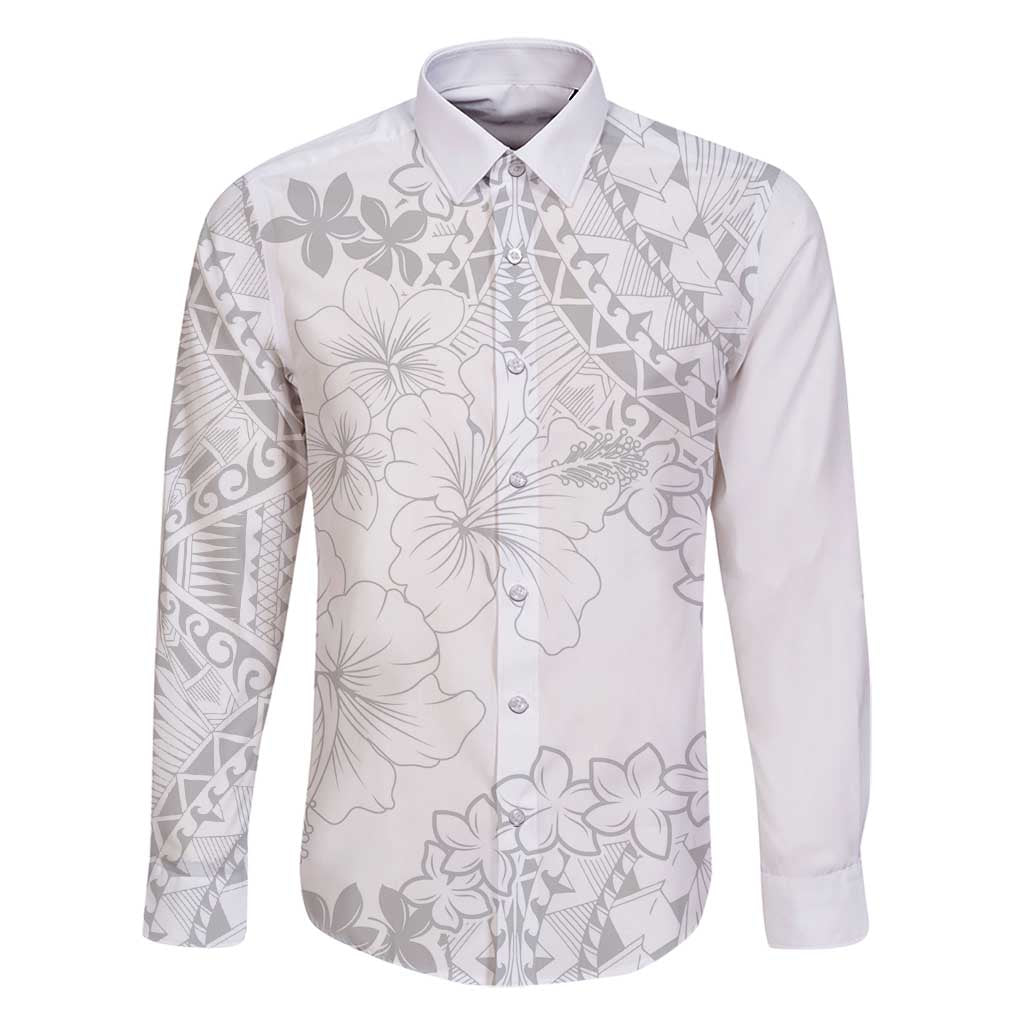 American Samoa Lotu Tamaiti Family Matching Summer Maxi Dress and Hawaiian Shirt White Sunday Plumeria White Vibe LT9 Dad's Shirt - Long Sleeve White - Polynesian Pride