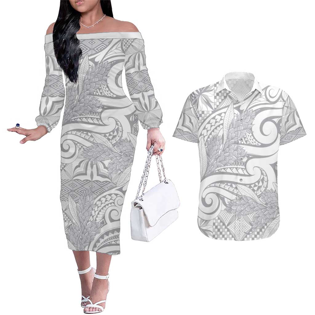 Lotu Tamaiti Samoa Siapo Couples Matching Off The Shoulder Long Sleeve Dress and Hawaiian Shirt White Sunday With Teuila Torch Ginger LT9 White - Polynesian Pride