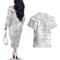 Lotu Tamaiti Samoa Siapo Couples Matching Off The Shoulder Long Sleeve Dress and Hawaiian Shirt White Sunday With Teuila Torch Ginger LT9 - Polynesian Pride