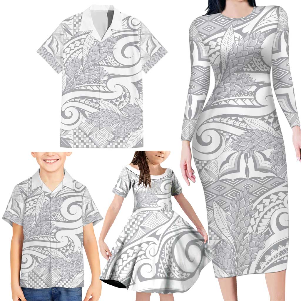 Lotu Tamaiti Samoa Siapo Family Matching Long Sleeve Bodycon Dress and Hawaiian Shirt White Sunday With Teuila Torch Ginger LT9 - Polynesian Pride