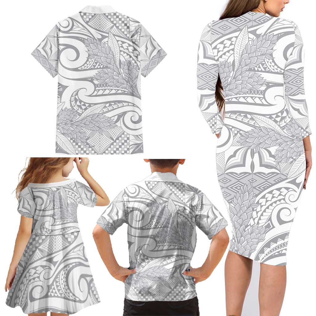 Lotu Tamaiti Samoa Siapo Family Matching Long Sleeve Bodycon Dress and Hawaiian Shirt White Sunday With Teuila Torch Ginger LT9 - Polynesian Pride